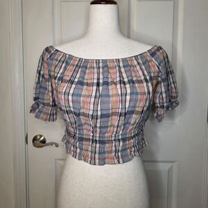 American Eagle Pink & Blue Multicolor Gingham Crop Top